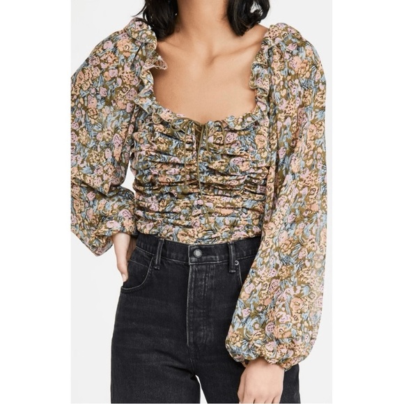 Free People Mabel Printed Garden Combo Smocked Puff Sleeve Top - Picture 1 of 2